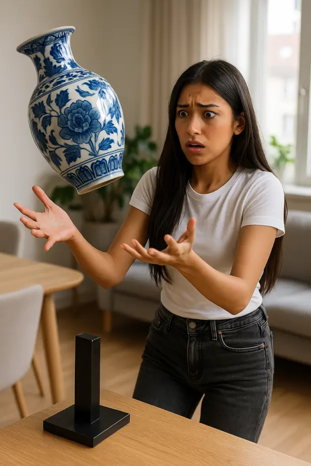 au pair observa cómo una gran y valiosa  Ming cae desde un pedestal