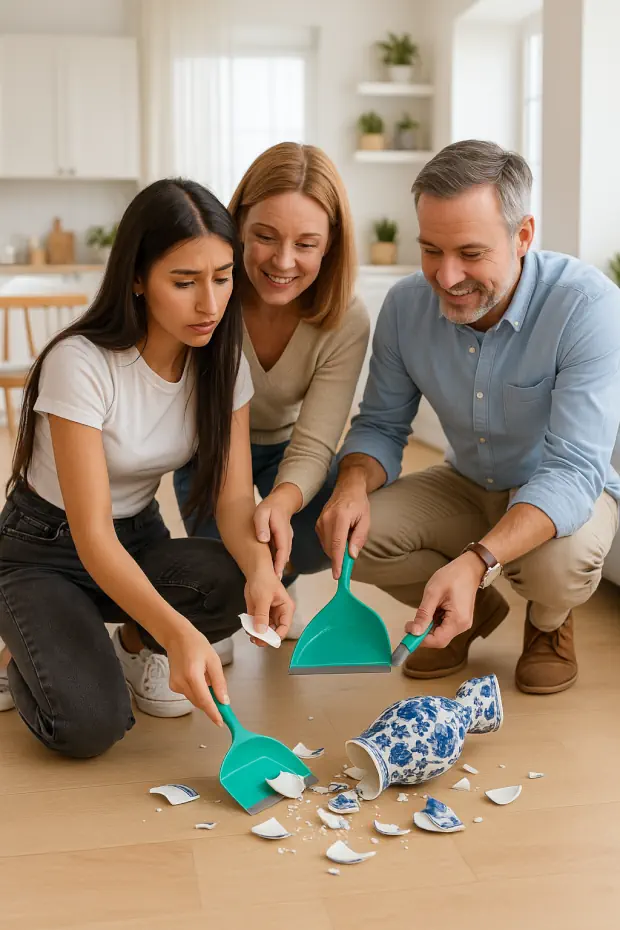 Una familia sonriente junto con la Au Pair recogen juntos los fragmentos de una vasija rota en un comedor moderno y luminoso.
